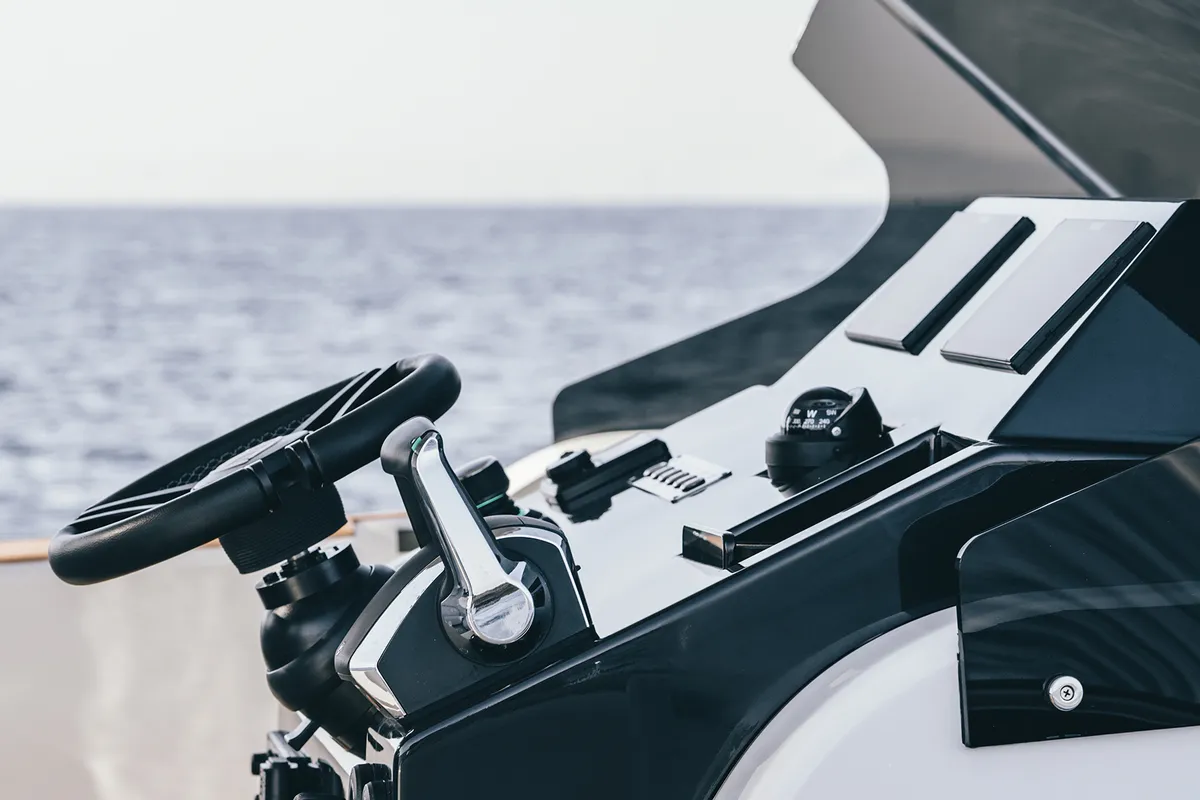 Cockpit of Origami, a Gulet Motorboat motorboat at Palma de Mallorca, Spain