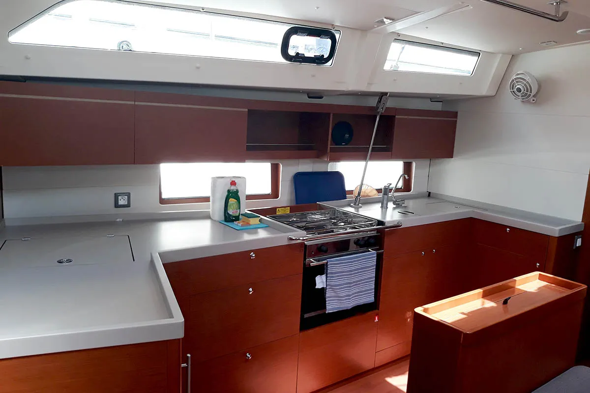 Galley of RAVISHING 560/2024, a Beneteau Oceanis 46.1 sailboat at Seget Donji, Croatia