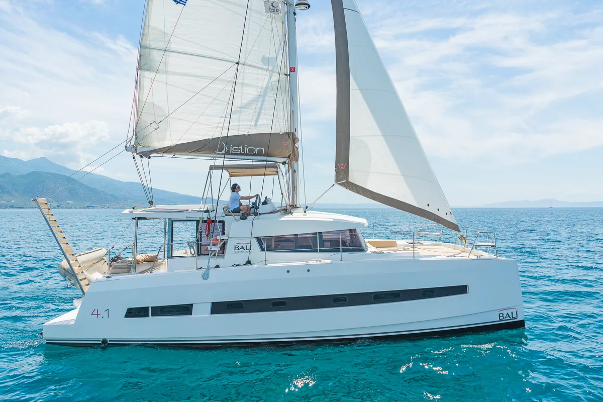 Exterior view of Neusis, a Bali 4.1 catamaran at Municipal Unit of Rhodes, Greece