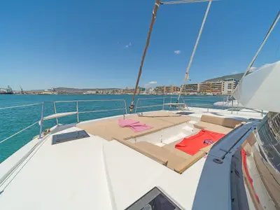 Deck of Neusis, a Bali 4.1 catamaran at Municipal Unit of Rhodes, Greece