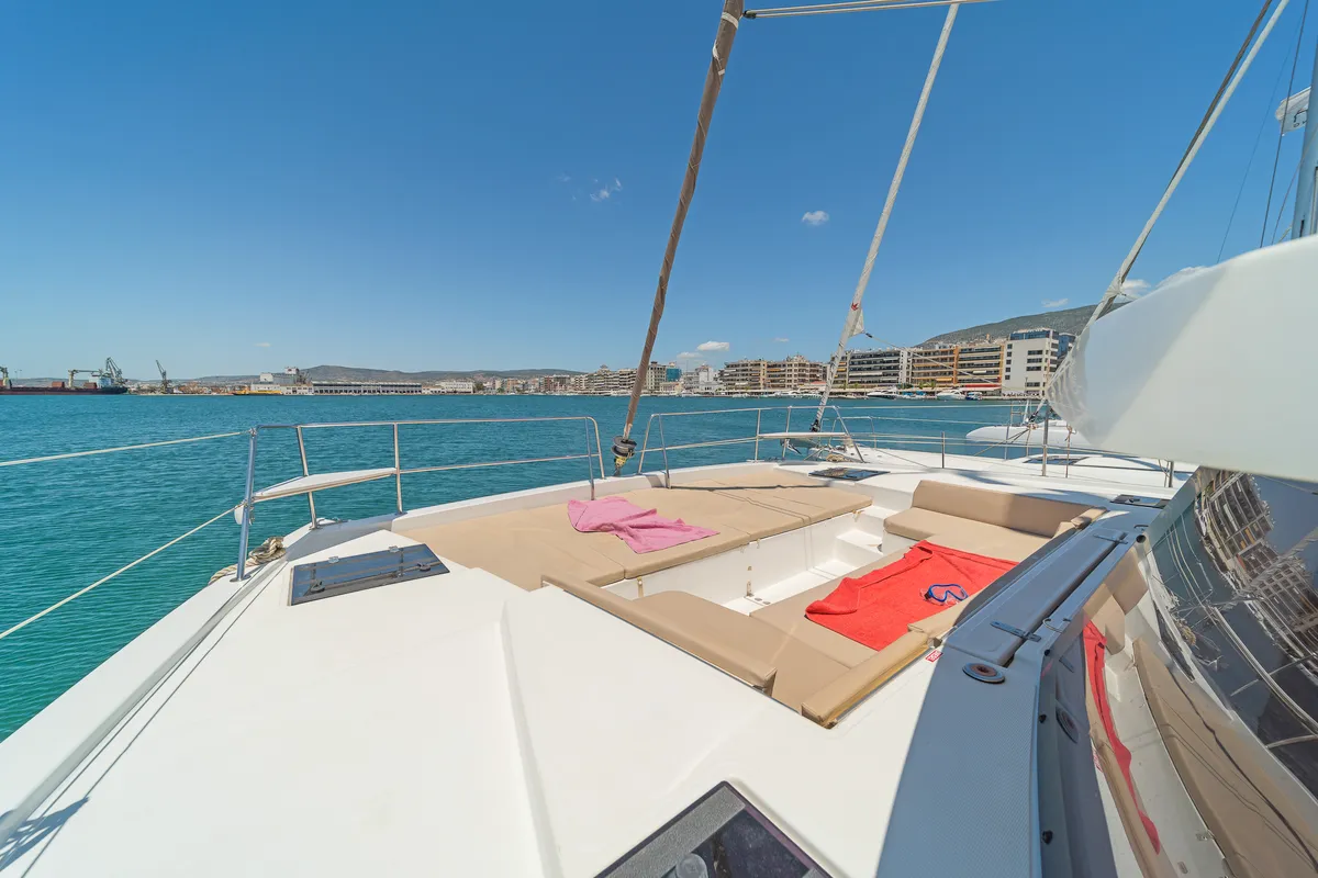 Deck of Neusis, a Bali 4.1 catamaran at Municipal Unit of Rhodes, Greece