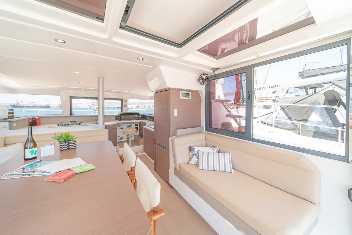Salon of Neusis, a Bali 4.1 catamaran at Municipal Unit of Rhodes, Greece