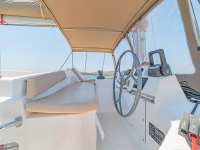 Cockpit of Neusis, a Bali 4.1 catamaran at Municipal Unit of Rhodes, Greece
