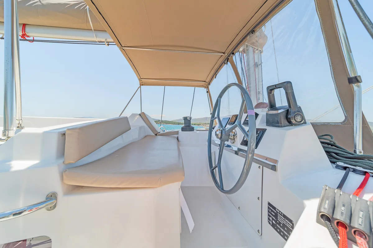 Cockpit of Neusis, a Bali 4.1 catamaran at Municipal Unit of Rhodes, Greece