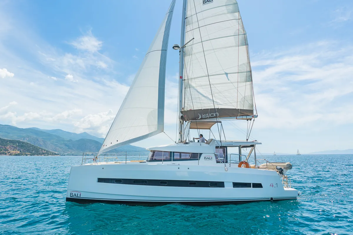 Exterior view of Neusis, a Bali 4.1 catamaran at Municipal Unit of Rhodes, Greece