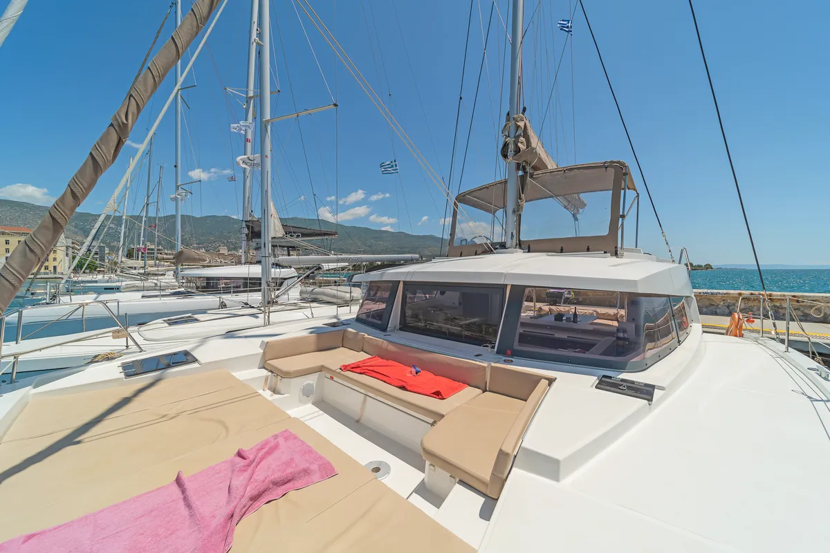 Deck of Neusis, a Bali 4.1 catamaran at Municipal Unit of Rhodes, Greece