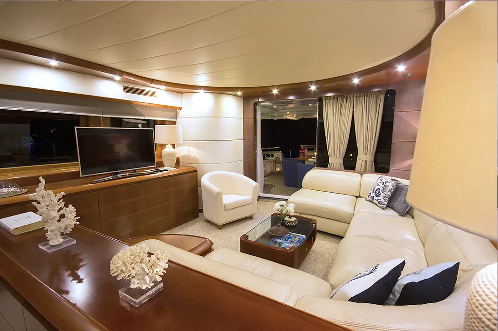 Salon of Caelum, a Maiora 24 motor yacht at Bodrum, Turkey