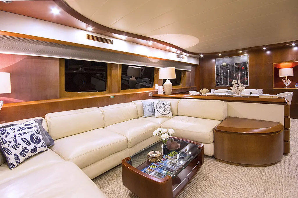 Salon of Caelum, a Maiora 24 motor yacht at Bodrum, Turkey