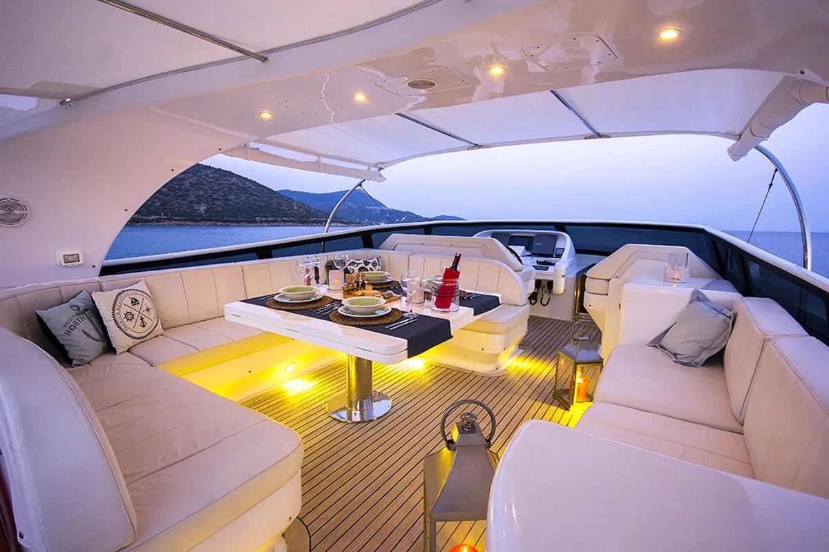 Deck of Caelum, a Maiora 24 motor yacht at Bodrum, Turkey
