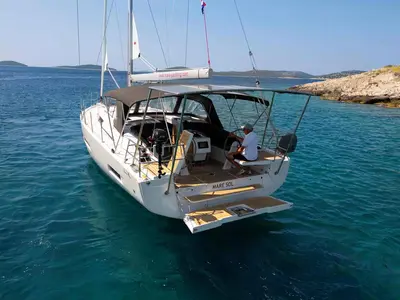 Cockpit of Mare Sol, a Hanse 410 sailboat at Grad Šibenik, Croatia
