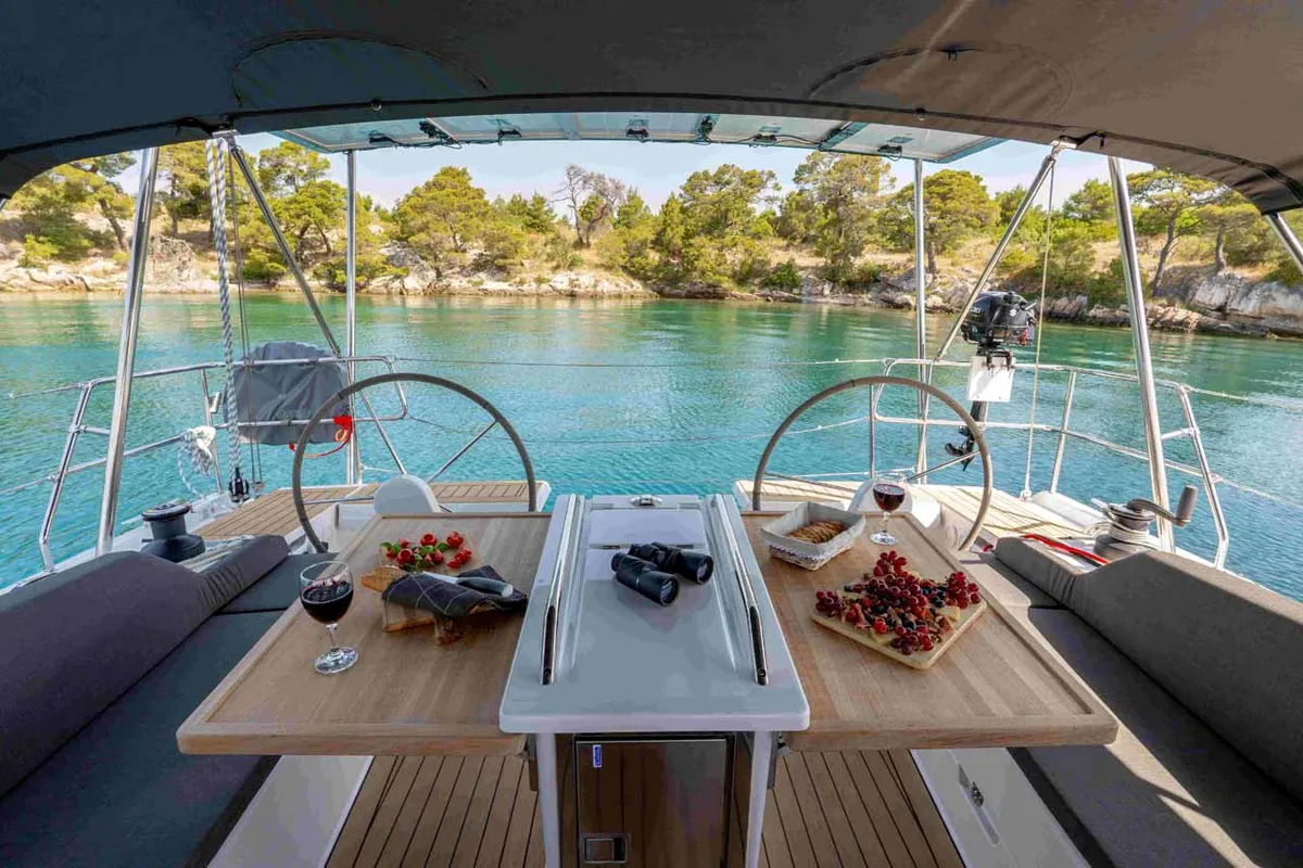 Cockpit of Mare Sol, a Hanse 410 sailboat at Grad Šibenik, Croatia