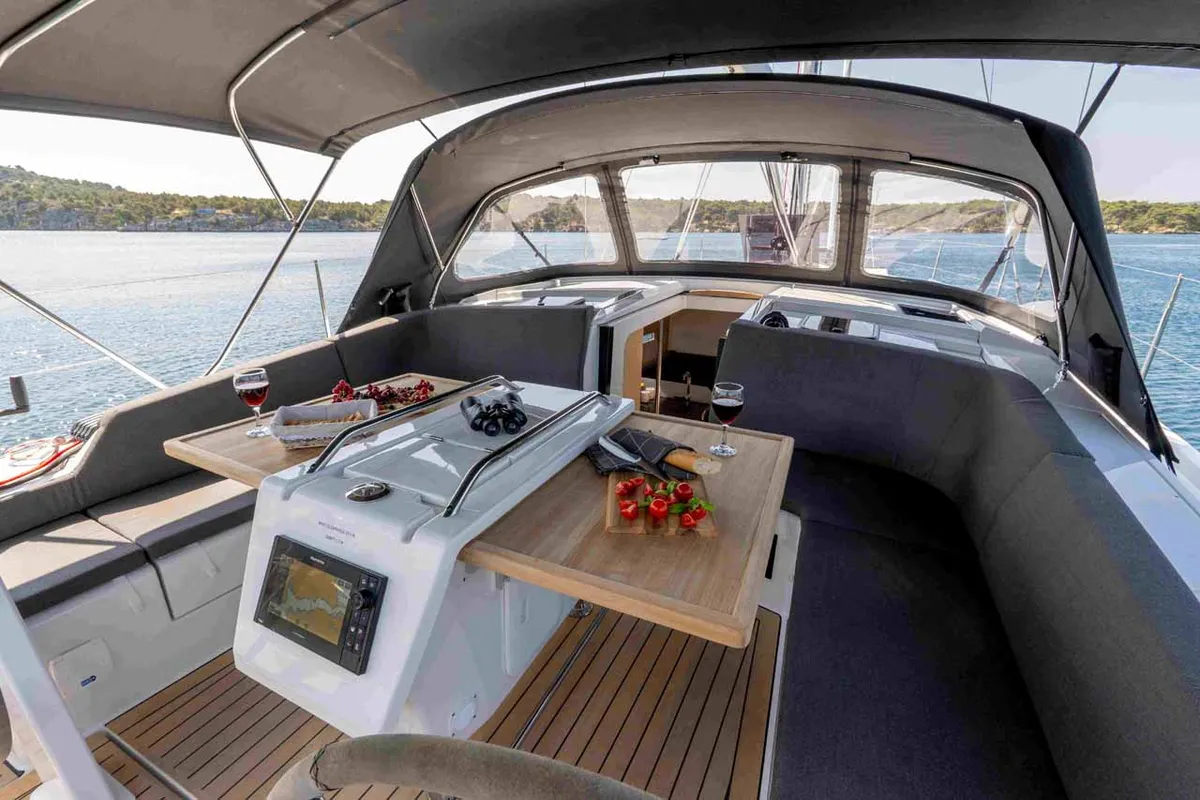 Cockpit of Mare Sol, a Hanse 410 sailboat at Grad Šibenik, Croatia