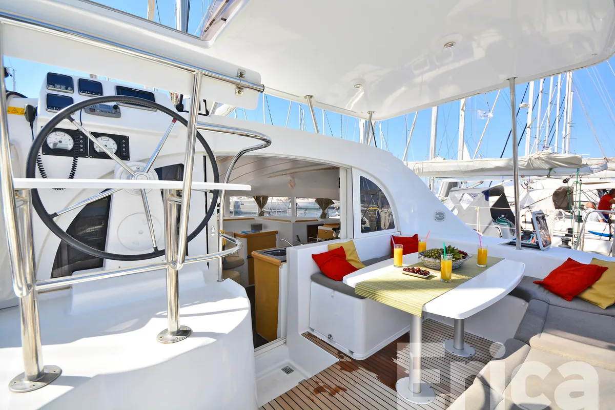 Cockpit of Erica, a Lagoon 380 S2 catamaran at Kos, Greece