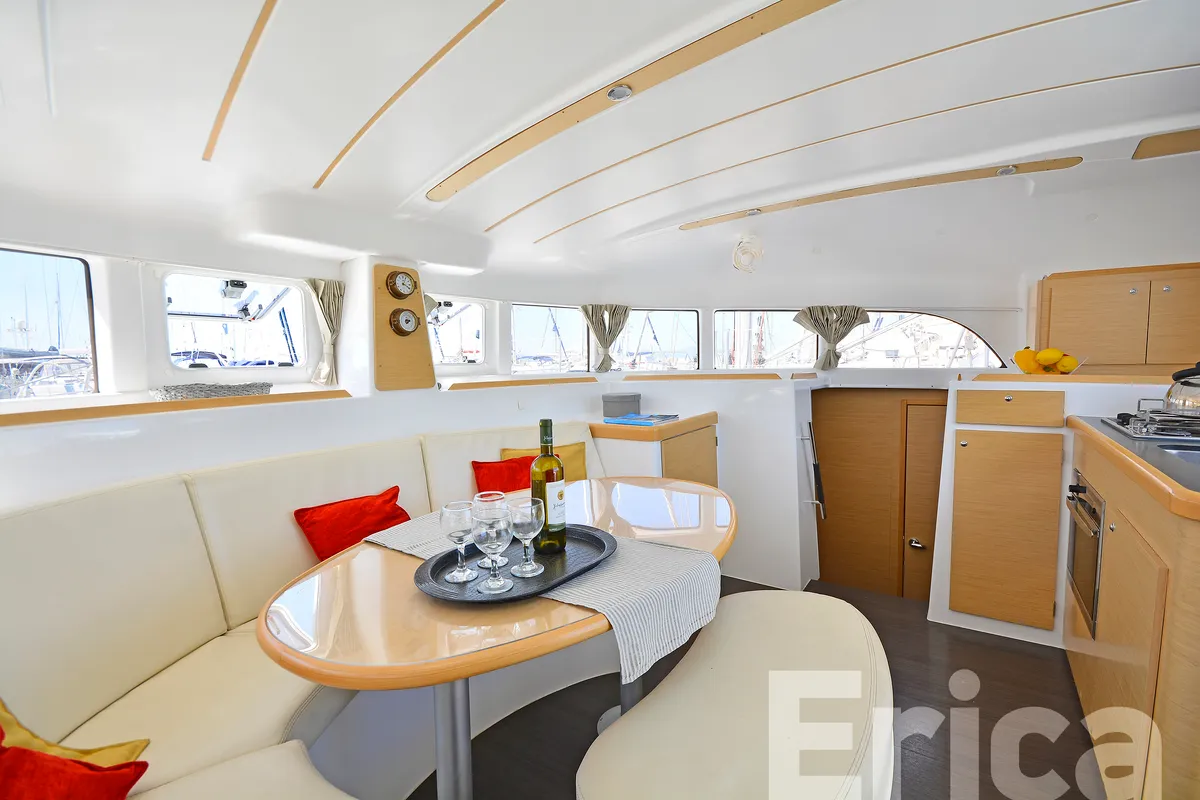 Salon of Erica, a Lagoon 380 S2 catamaran at Kos, Greece