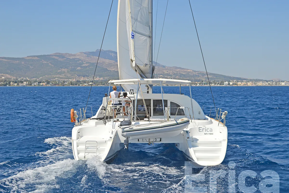 Exterior view of Erica, a Lagoon 380 S2 catamaran at Kos, Greece