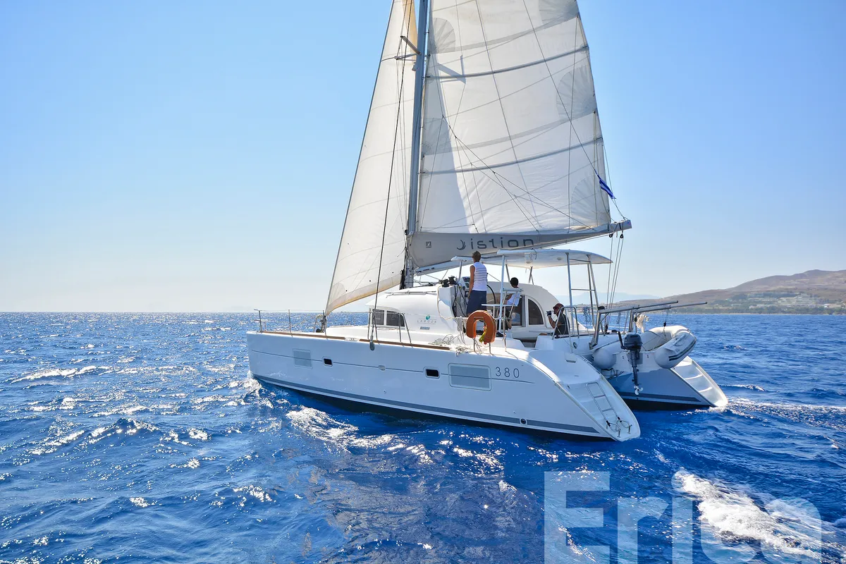 Exterior view of Erica, a Lagoon 380 S2 catamaran at Kos, Greece