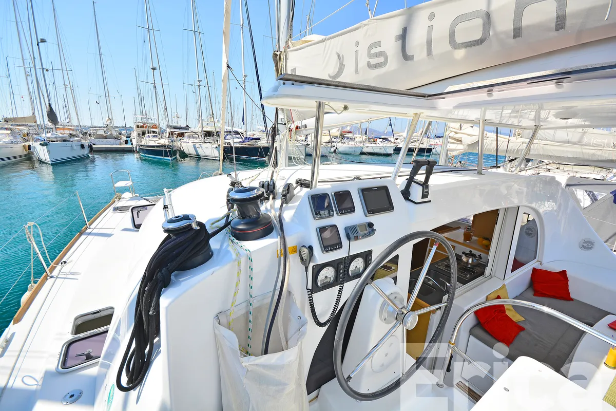 Cockpit of Erica, a Lagoon 380 S2 catamaran at Kos, Greece