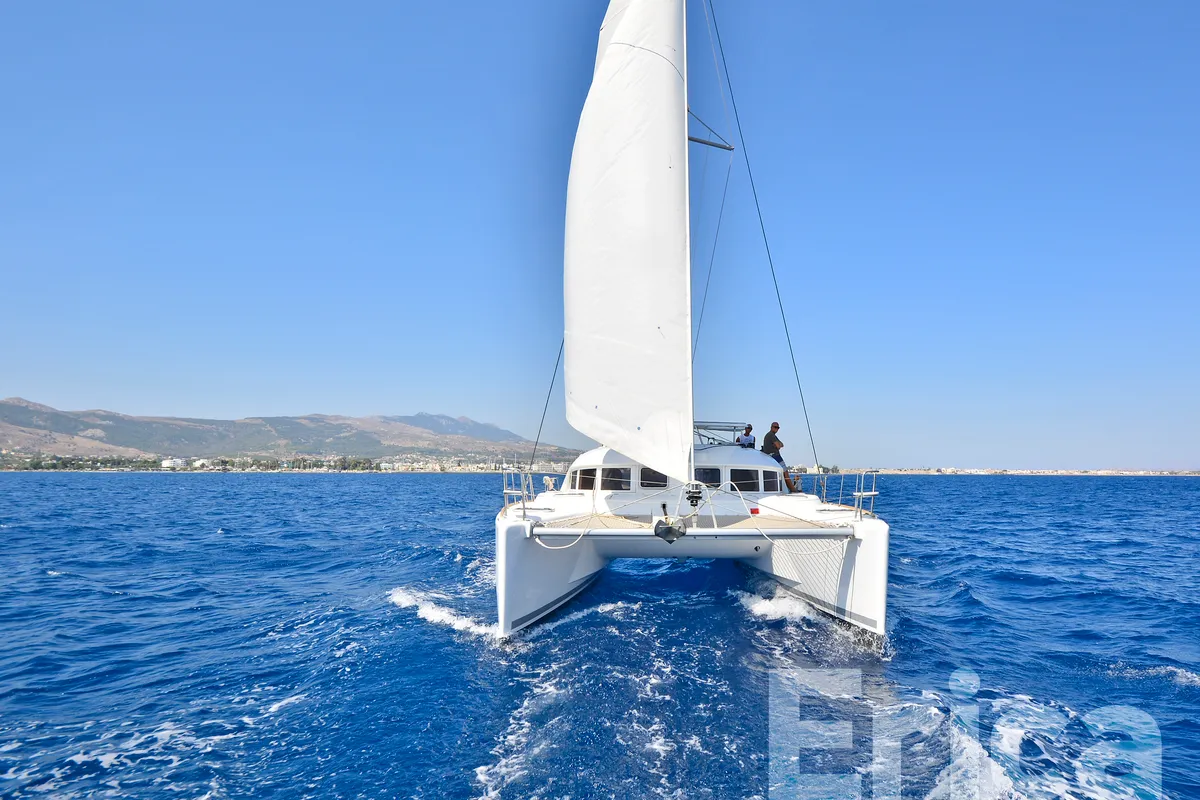 Exterior view of Erica, a Lagoon 380 S2 catamaran at Kos, Greece