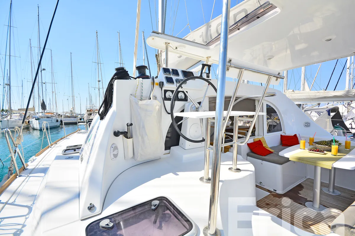 Cockpit of Erica, a Lagoon 380 S2 catamaran at Kos, Greece