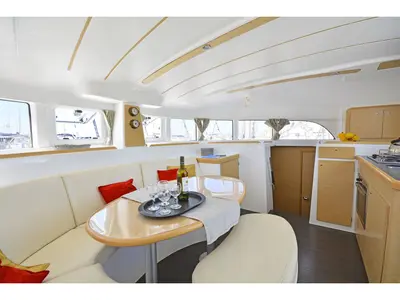 Salon of Erica, a Lagoon 380 S2 catamaran at Kos, Greece