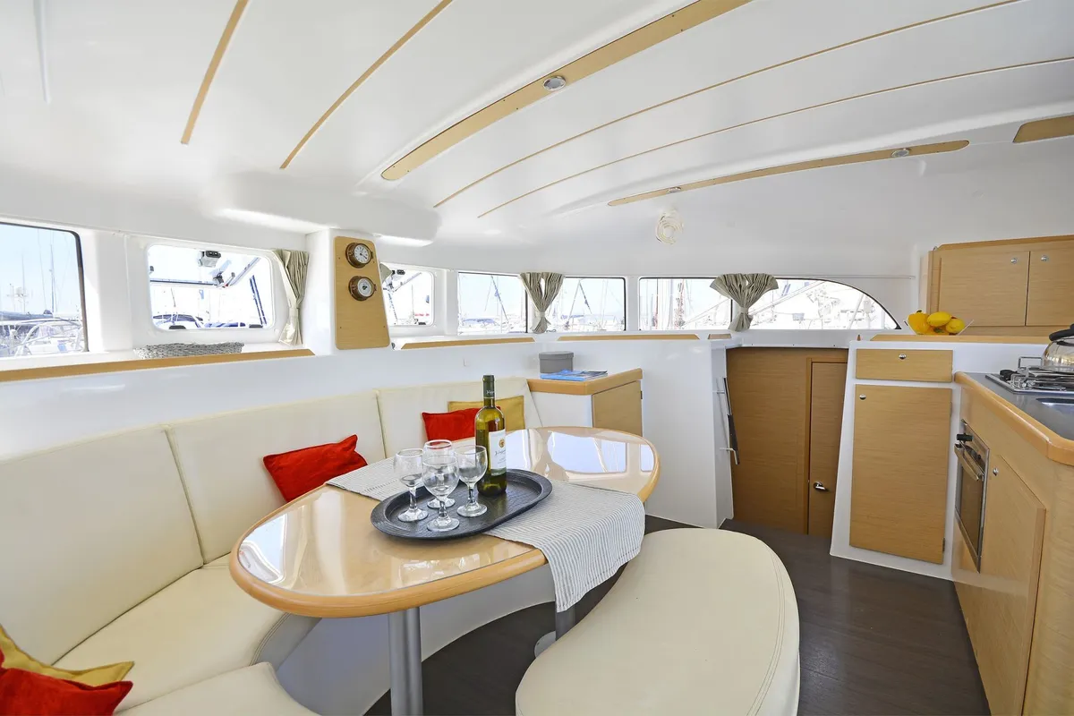 Salon of Erica, a Lagoon 380 S2 catamaran at Kos, Greece