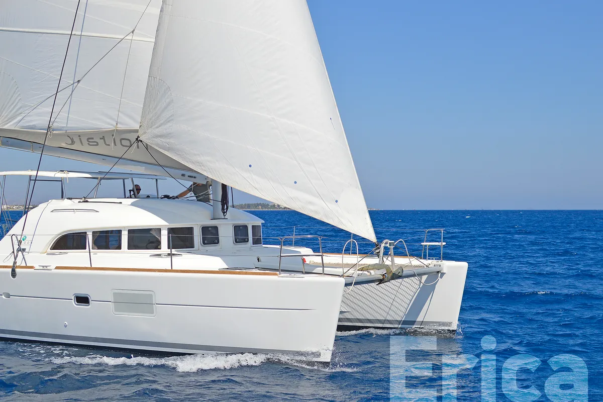 Exterior view of Erica, a Lagoon 380 S2 catamaran at Kos, Greece