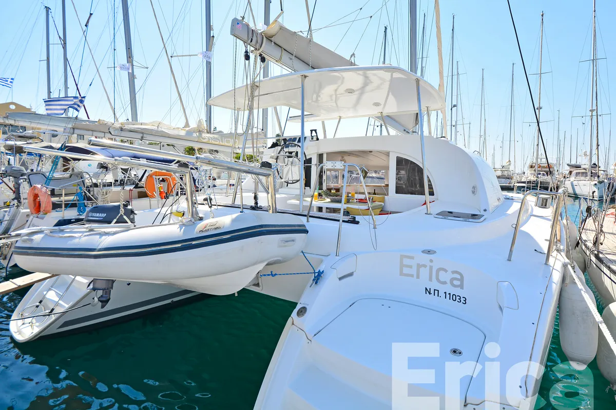 Exterior view of Erica, a Lagoon 380 S2 catamaran at Kos, Greece