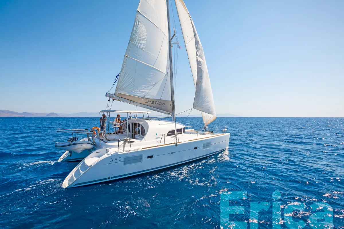 Exterior view of Erica, a Lagoon 380 S2 catamaran at Kos, Greece