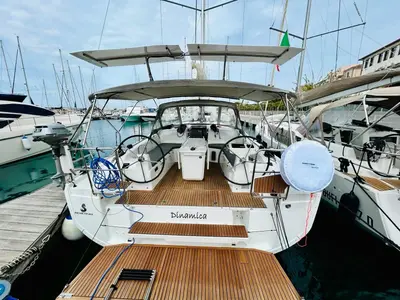 Cockpit of Dinamica, a Beneteau Oceanis 40.1 sailboat at San Vincenzo, Italy
