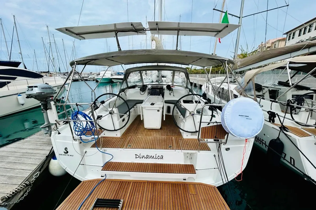 Cockpit of Dinamica, a Beneteau Oceanis 40.1 sailboat at San Vincenzo, Italy