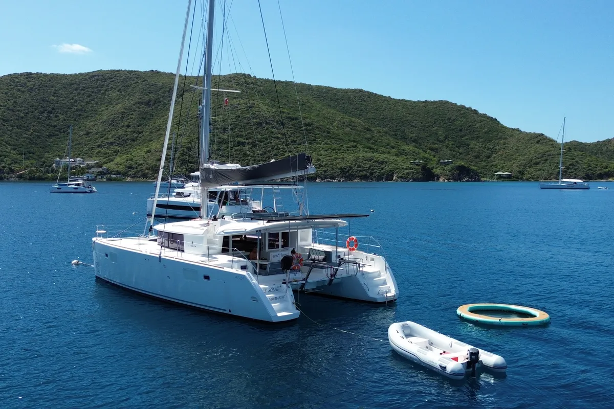 Exterior view of Apres Soleil, a Lagoon 450 Fly catamaran at Road Town, British Virgin Islands