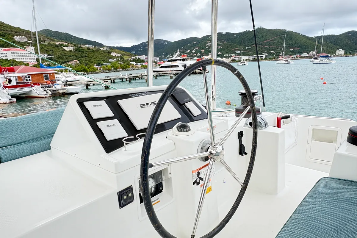 Cockpit of Apres Soleil, a Lagoon 450 Fly catamaran at Road Town, British Virgin Islands