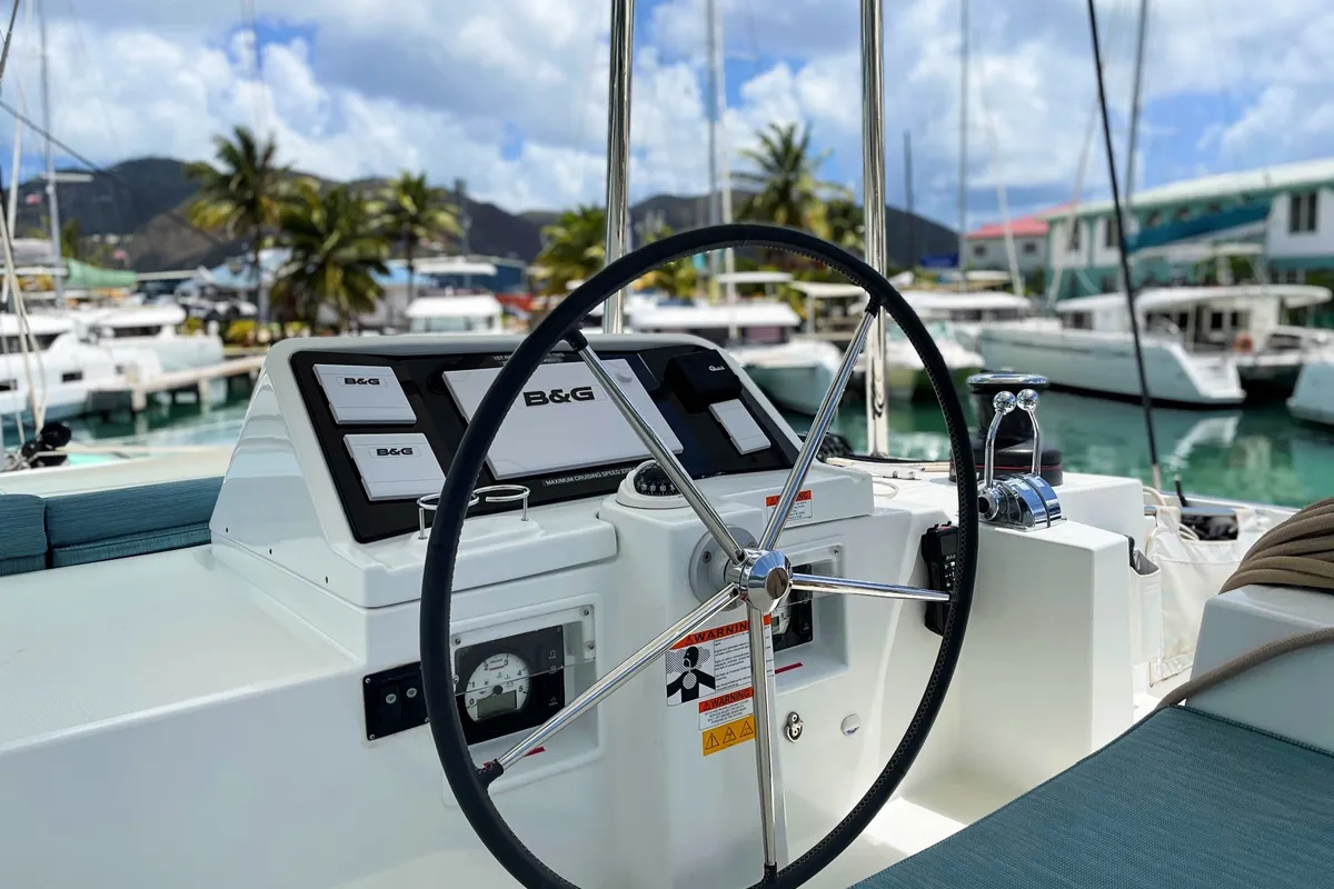 Cockpit of Apres Soleil, a Lagoon 450 Fly catamaran at Road Town, British Virgin Islands