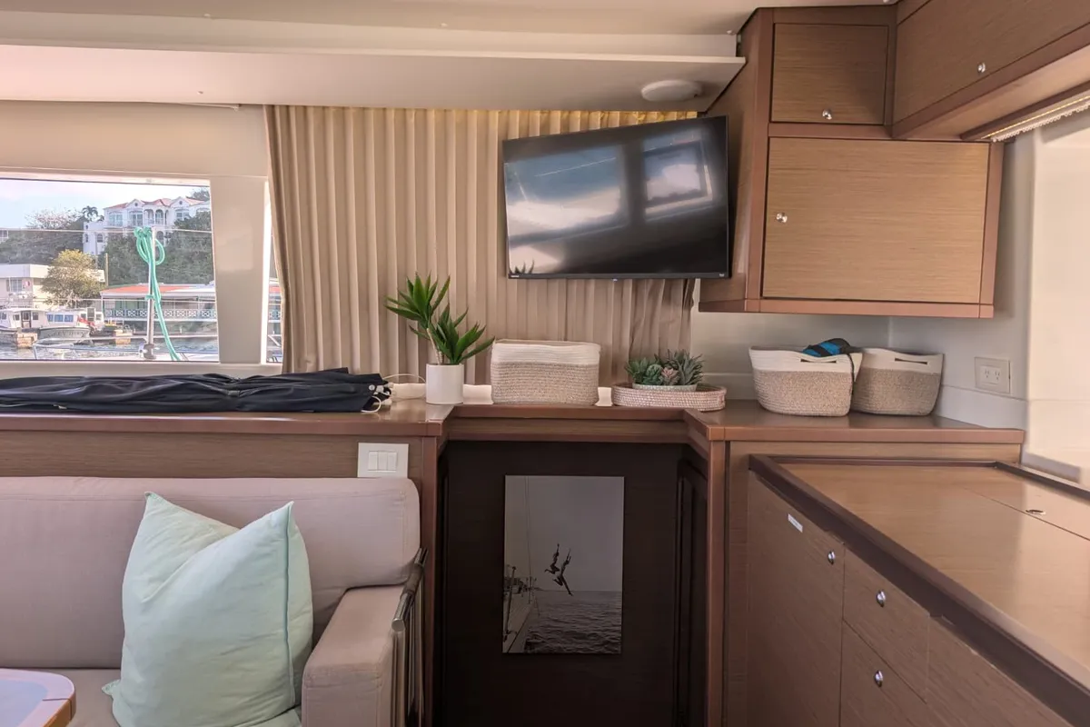Salon of Apres Soleil, a Lagoon 450 Fly catamaran at Road Town, British Virgin Islands