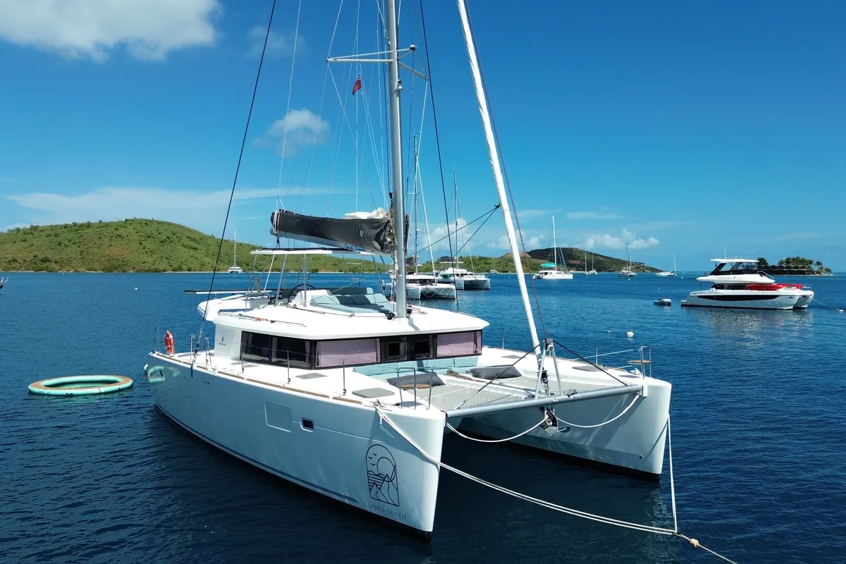 Exterior view of Apres Soleil, a Lagoon 450 Fly catamaran at Road Town, British Virgin Islands