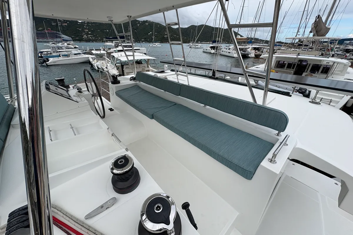 Cockpit of Apres Soleil, a Lagoon 450 Fly catamaran at Road Town, British Virgin Islands