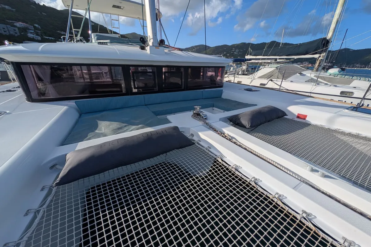 Deck of Apres Soleil, a Lagoon 450 Fly catamaran at Road Town, British Virgin Islands