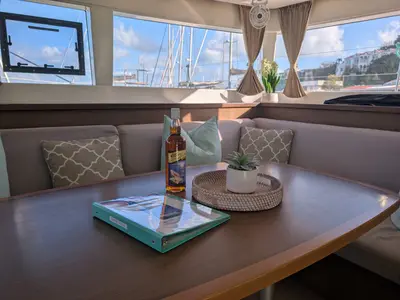 Salon of Apres Soleil, a Lagoon 450 Fly catamaran at Road Town, British Virgin Islands