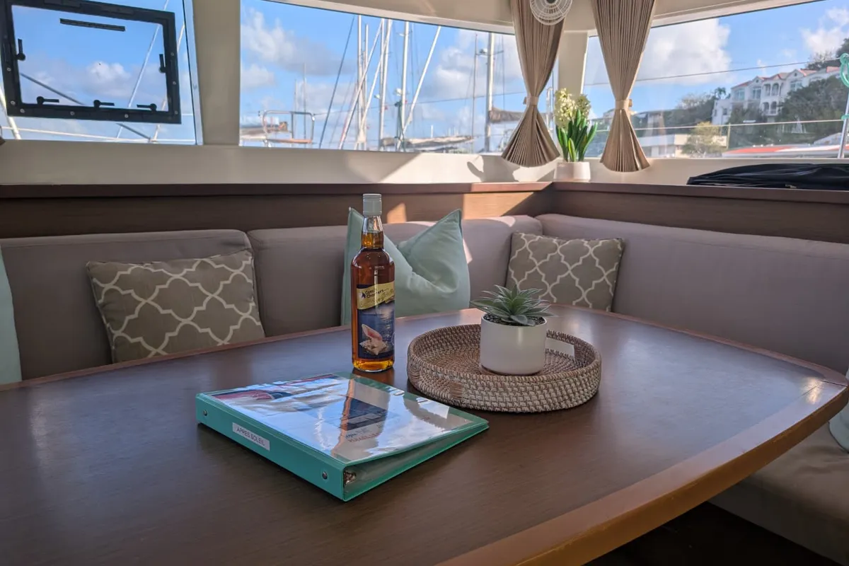 Salon of Apres Soleil, a Lagoon 450 Fly catamaran at Road Town, British Virgin Islands