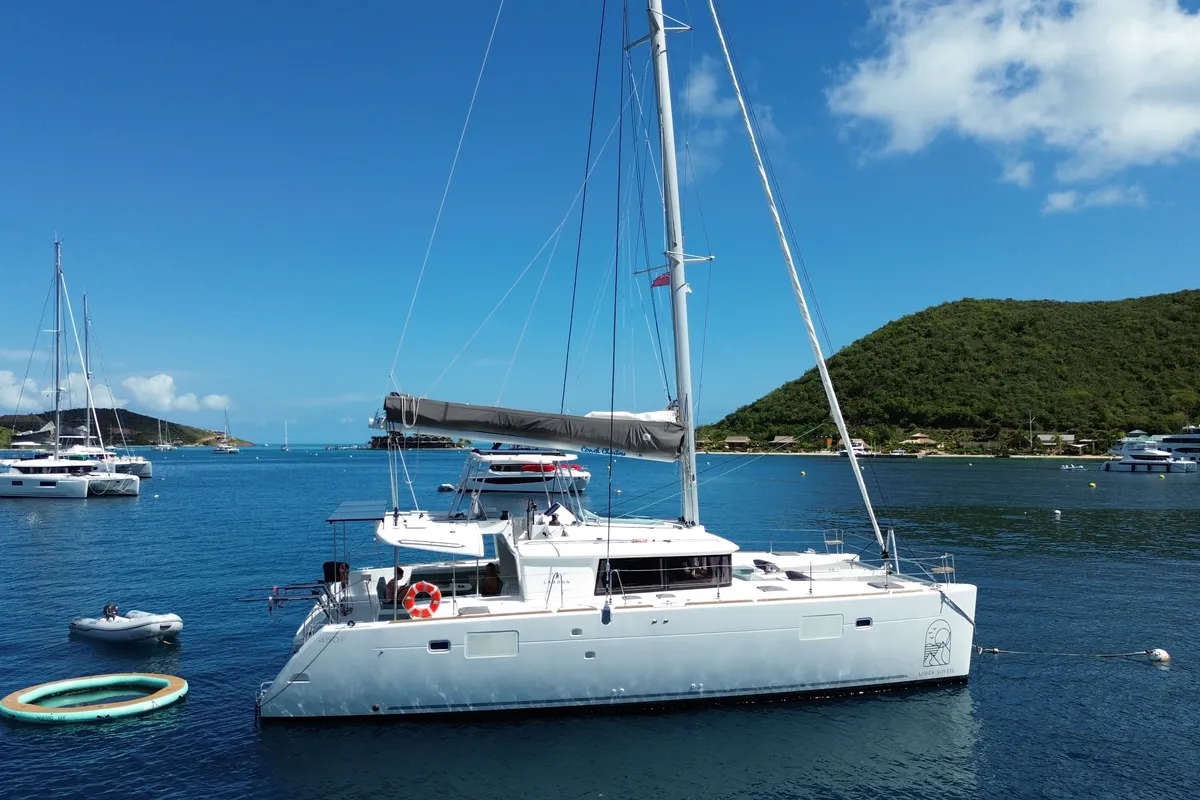 Exterior view of Apres Soleil, a Lagoon 450 Fly catamaran at Road Town, British Virgin Islands
