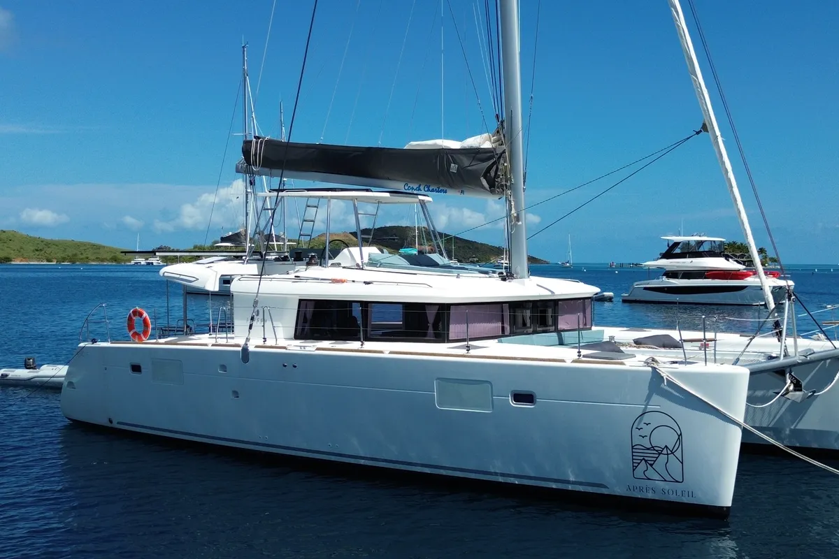 Exterior view of Apres Soleil, a Lagoon 450 Fly catamaran at Road Town, British Virgin Islands