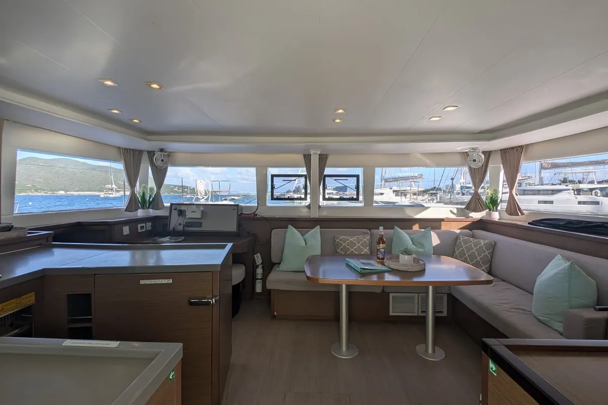 Salon of Apres Soleil, a Lagoon 450 Fly catamaran at Road Town, British Virgin Islands