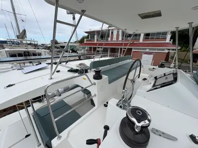 Cockpit of Apres Soleil, a Lagoon 450 Fly catamaran at Road Town, British Virgin Islands
