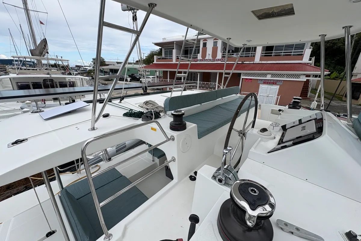 Cockpit of Apres Soleil, a Lagoon 450 Fly catamaran at Road Town, British Virgin Islands