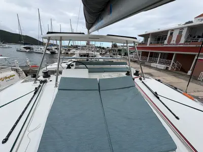 Deck of Apres Soleil, a Lagoon 450 Fly catamaran at Road Town, British Virgin Islands