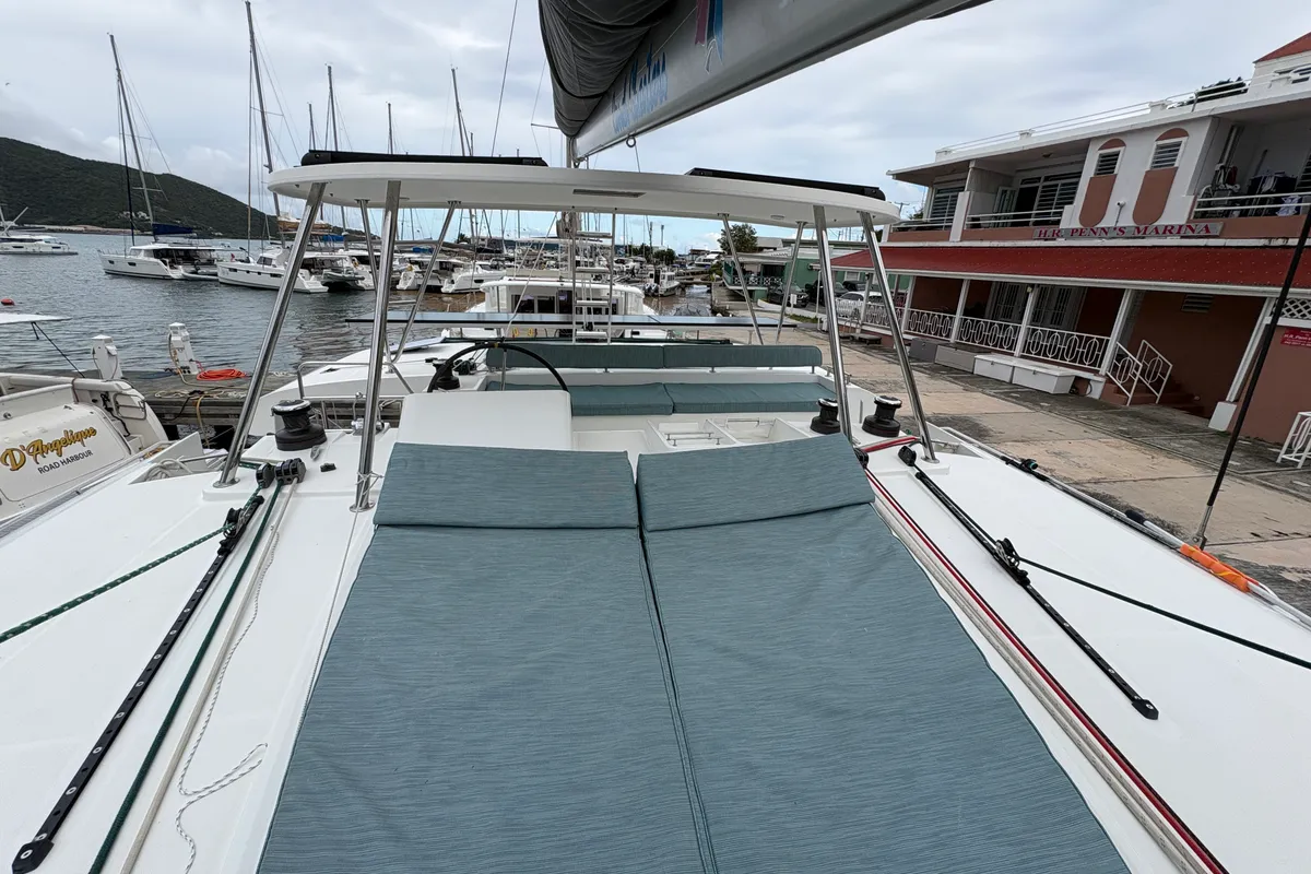Deck of Apres Soleil, a Lagoon 450 Fly catamaran at Road Town, British Virgin Islands