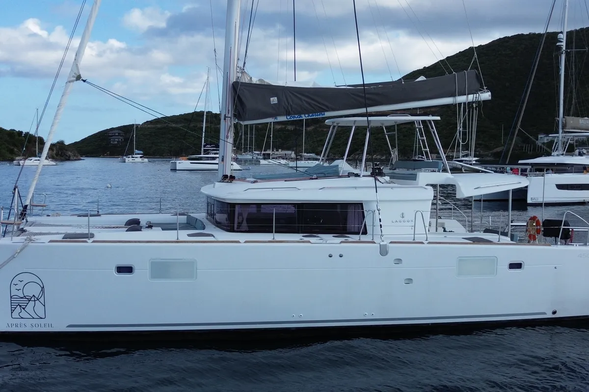 Exterior view of Apres Soleil, a Lagoon 450 Fly catamaran at Road Town, British Virgin Islands