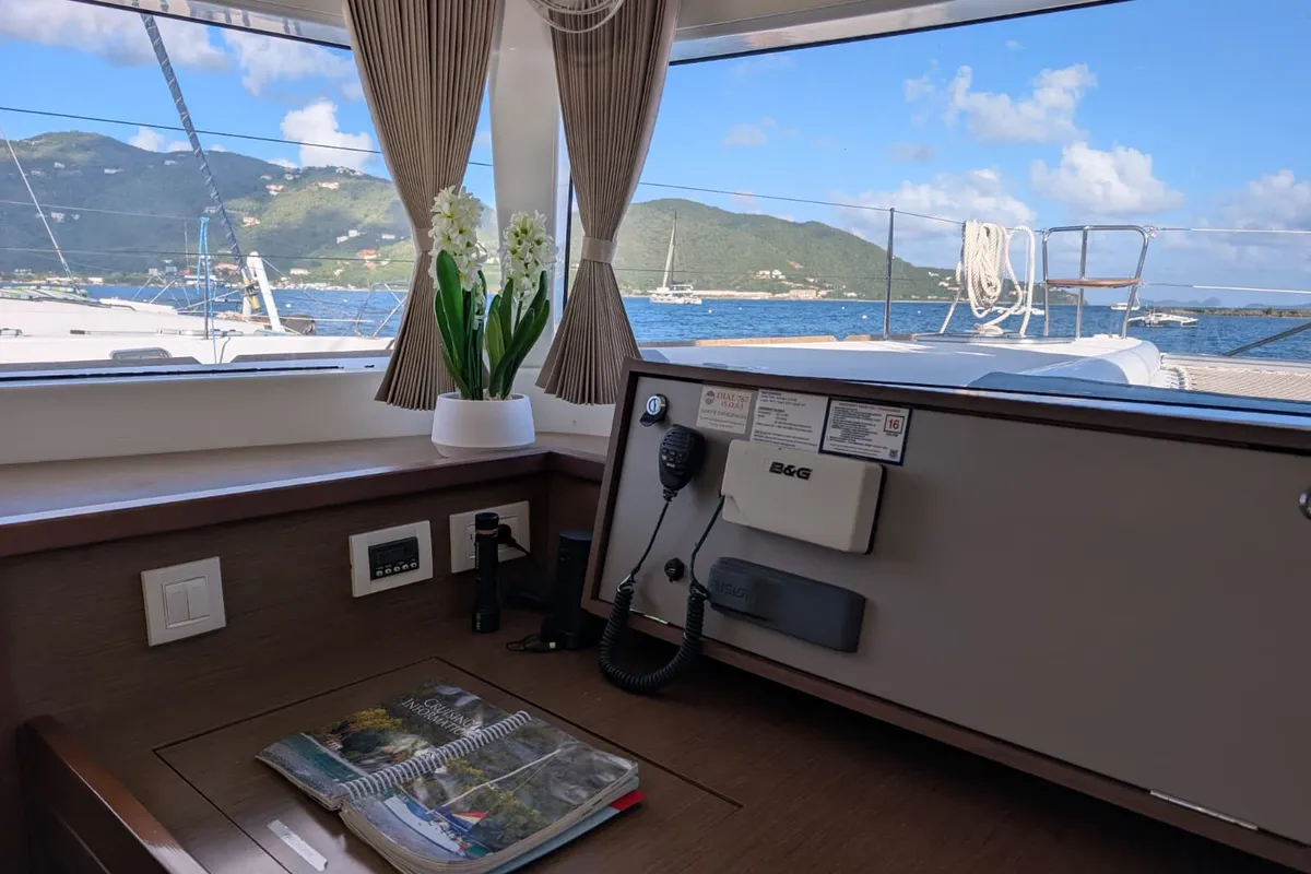 Salon of Apres Soleil, a Lagoon 450 Fly catamaran at Road Town, British Virgin Islands