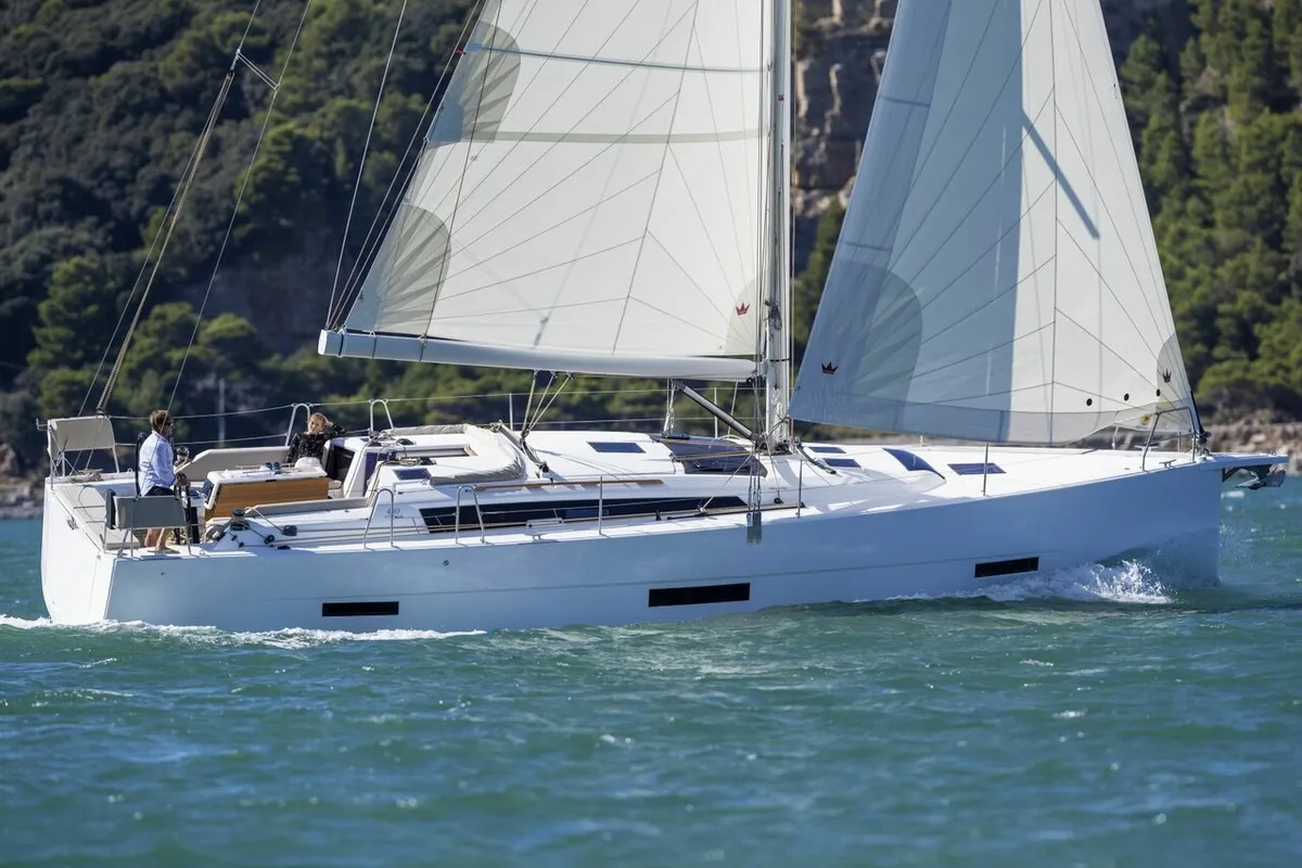 Exterior view of Hermione, a Dufour 430 sailboat at Kontokali, Greece