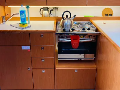 Galley of Simurg, a Bavaria C38 sailboat at Fethiye, Turkey